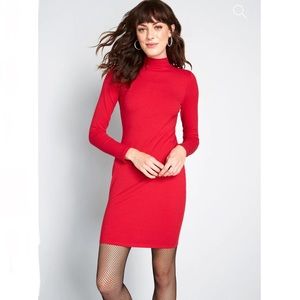 ModCloth Favored Mock Neck Body Con Ribbed Dress Red XS